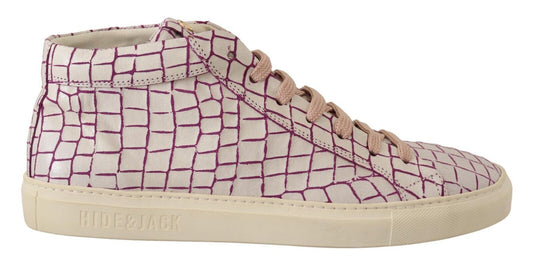 Pink and white sneaker with laces and a patterned design