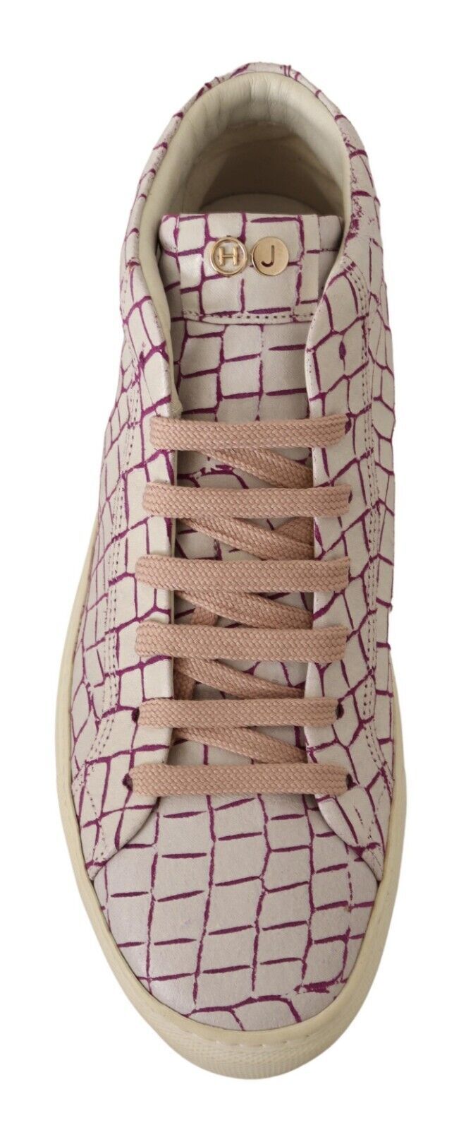 Pink and white sneaker with patterned laces