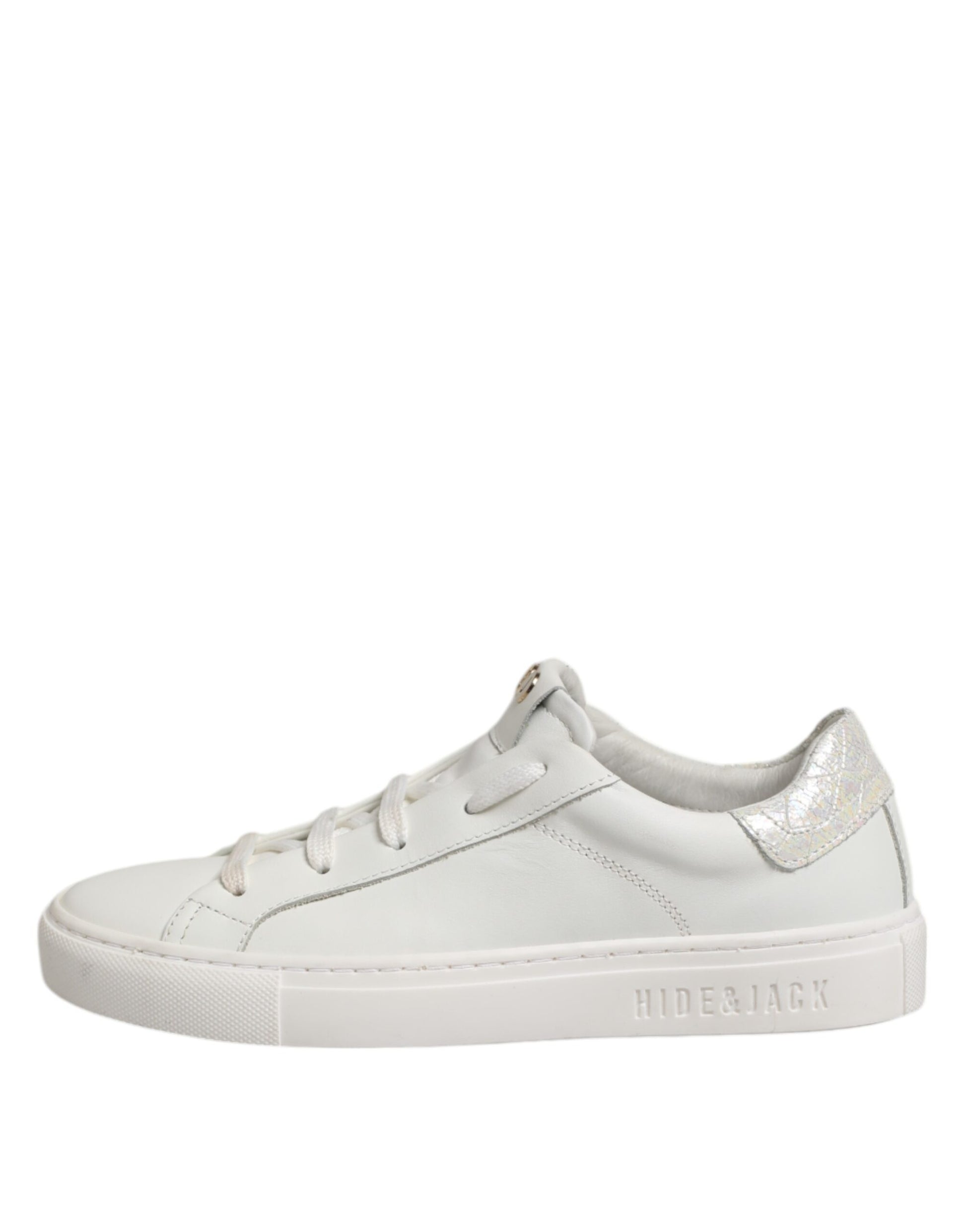 White sneaker with pink accents and glittery design on side