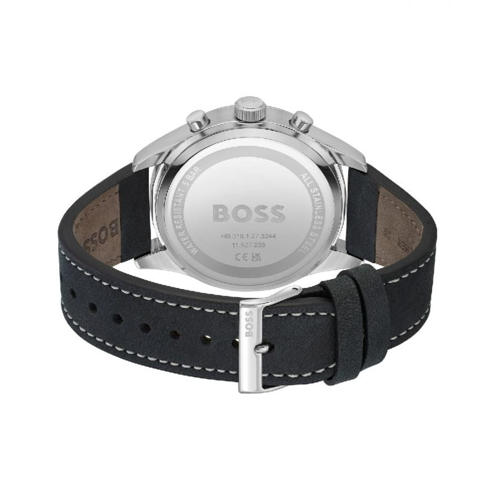 A black leather watch with a silver face featuring the brand name "BOSS" on the dial