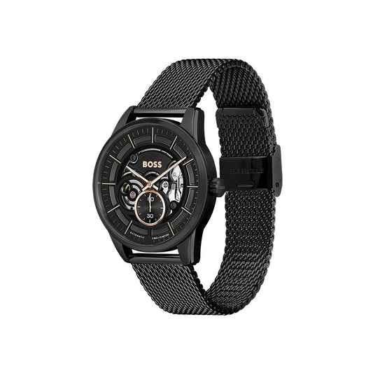 A black stainless steel watch with a black band from Hugo Boss, featuring a chronograph and date display