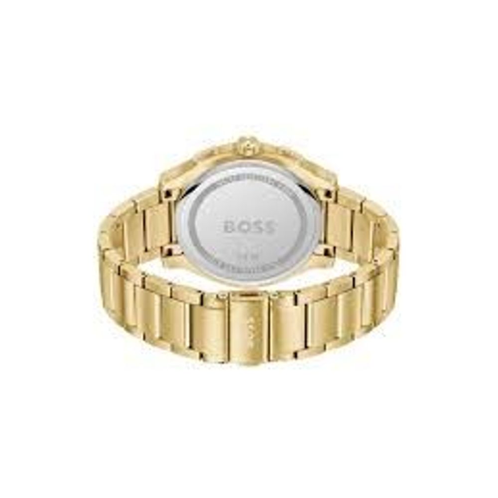 A gold stainless steel watch with a black face, featuring the Hugo Boss logo