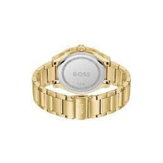 A gold stainless steel watch with a black face, featuring the Hugo Boss logo