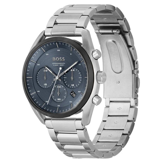 Silver watch with blue face and gray strap