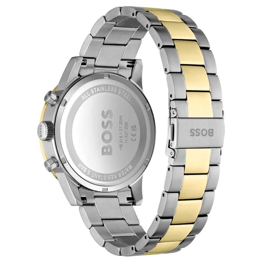 A gray stainless steel watch with a yellow band from Hugo Boss