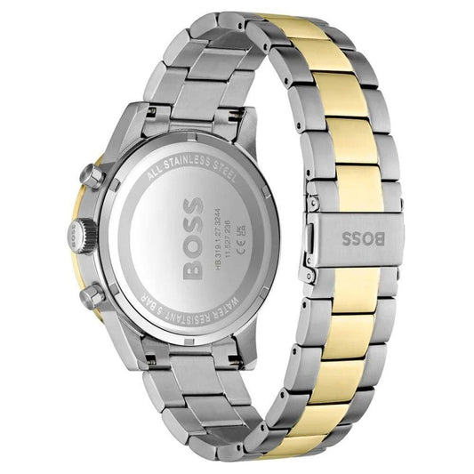A gray stainless steel watch with a yellow band from Hugo Boss