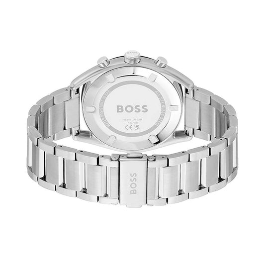 Silver watch with black face and white numbers