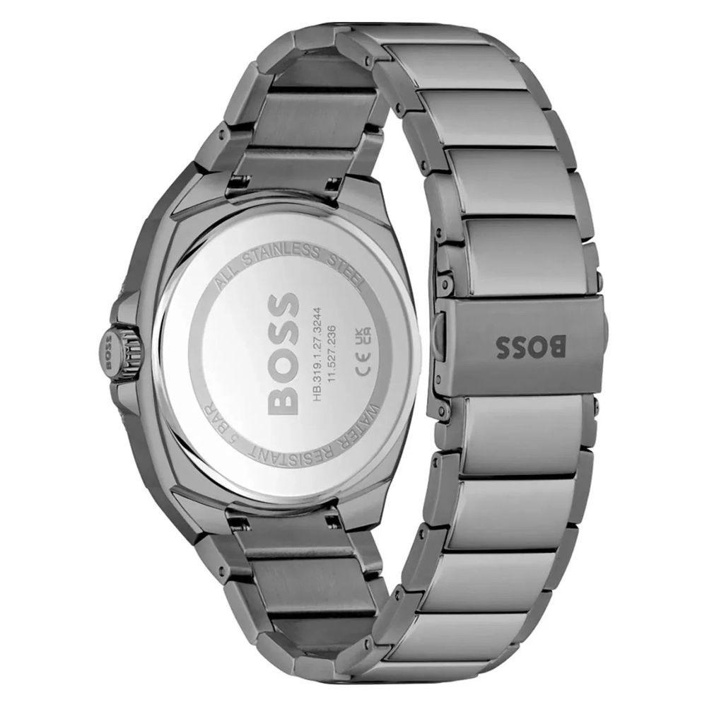 A gray stainless steel watch with a black face, featuring the Hugo Boss logo and text reading "SOSD"