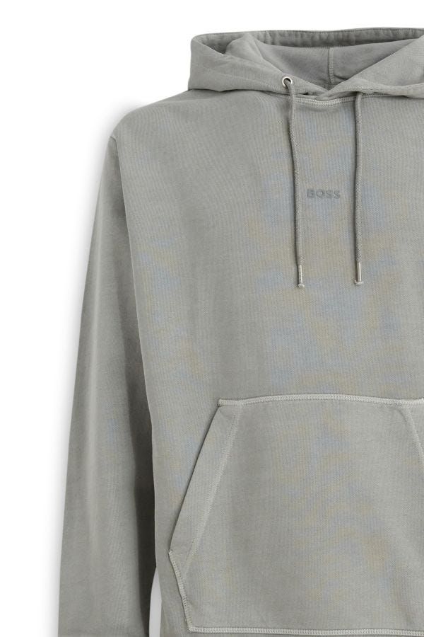 Grey hoodie with drawstring hood and front pocket