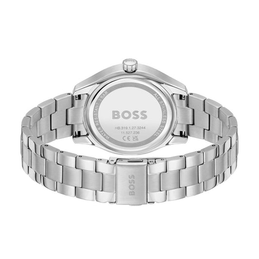 A silver stainless steel watch with a white face, featuring the brand name "BOSS" and a date window