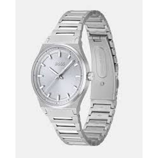 A silver stainless steel watch with a white face, black hands, and date window