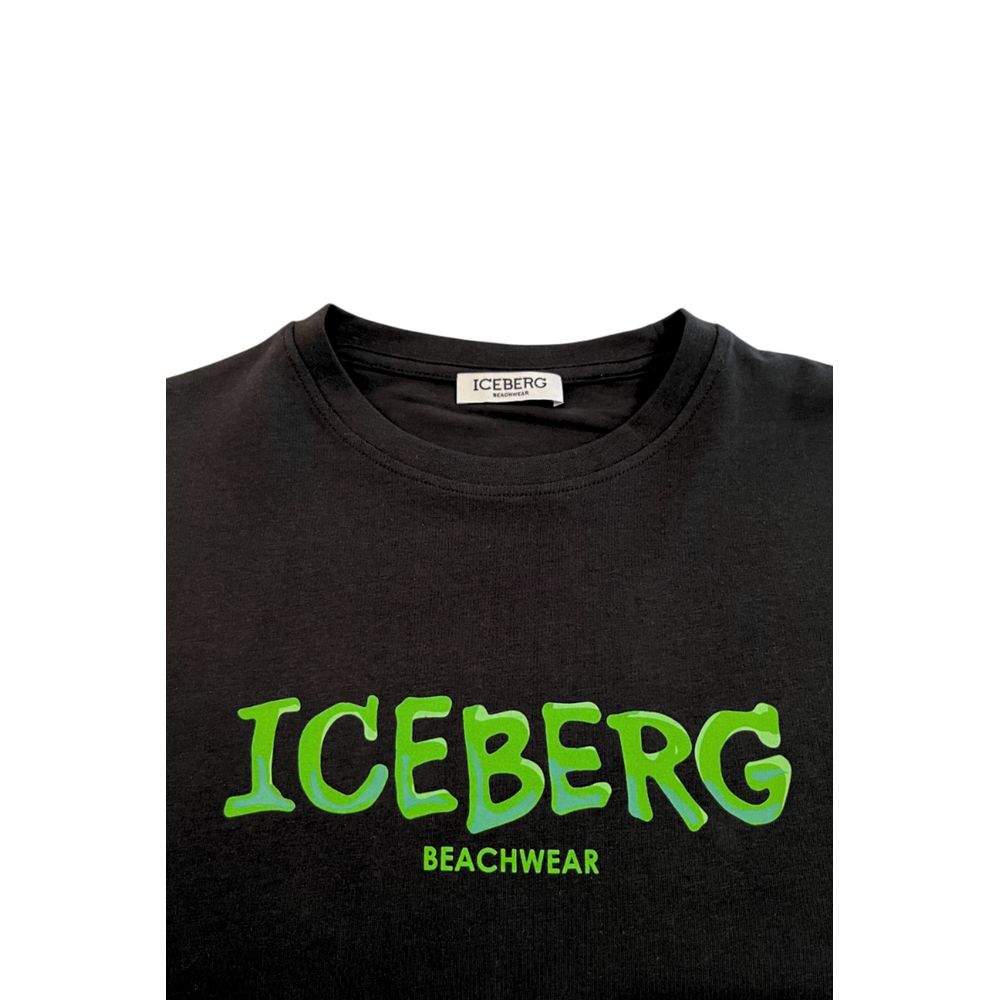 Black t-shirt with green lettering that says "ICEBERG BEACHWEAR"