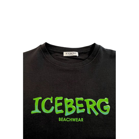 Black t-shirt with green lettering that says "ICEBERG BEACHWEAR"