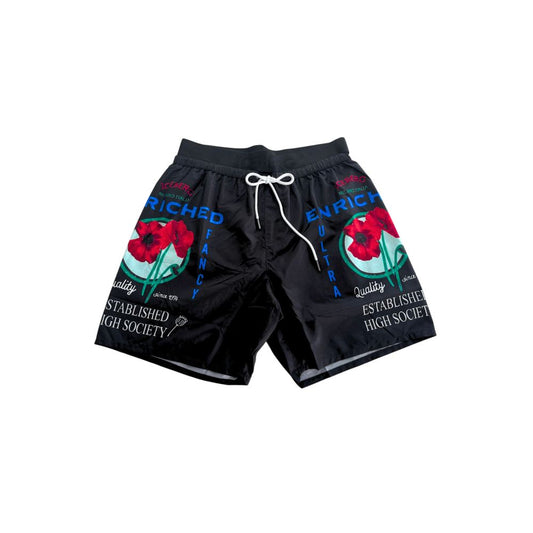 Black swim trunks with red flowers on side