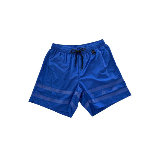 Blue swim trunks with white stripe on side