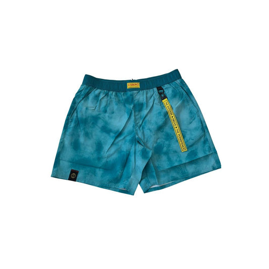 Blue tie dye shorts with yellow zipper