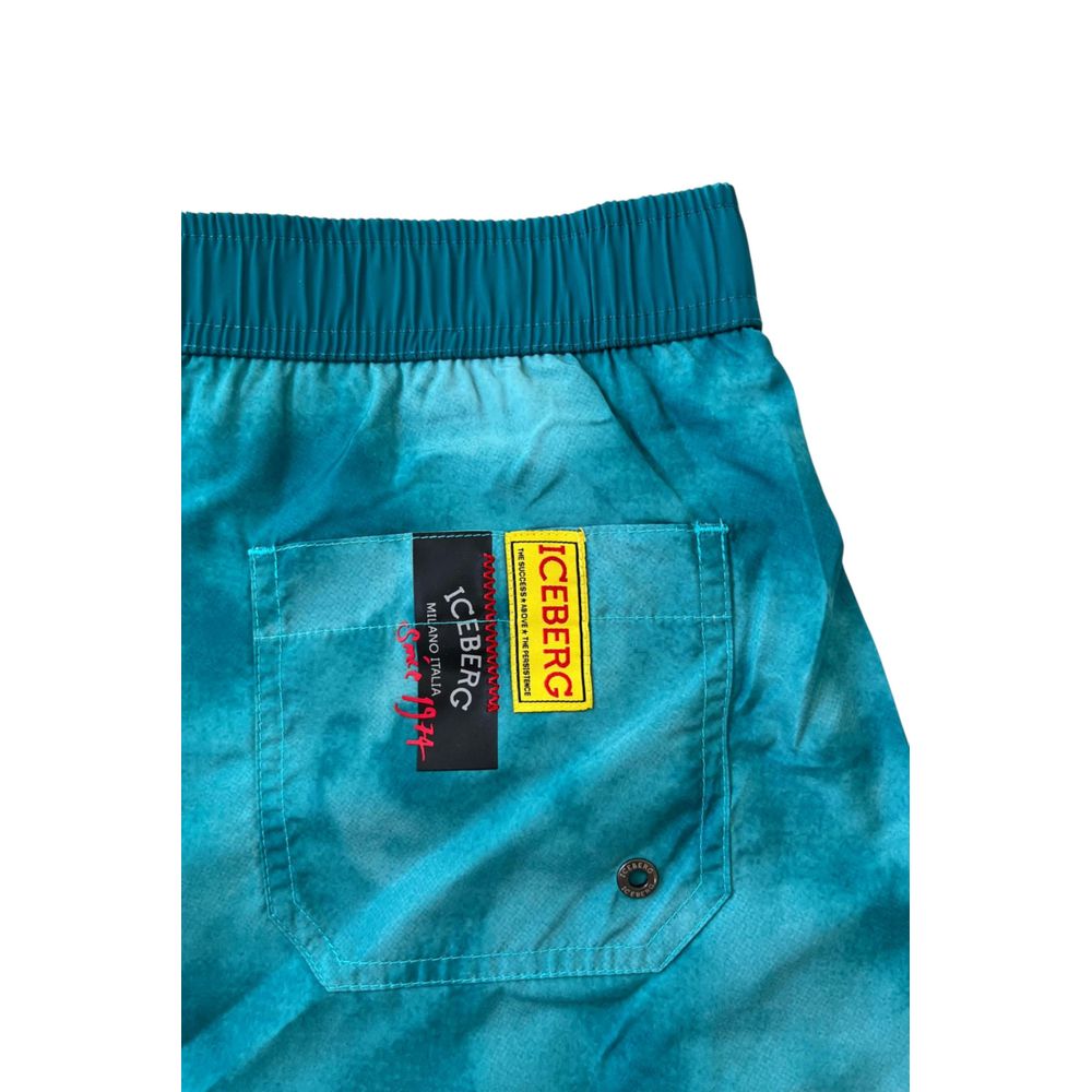 Blue denim shorts with yellow label on front pocket