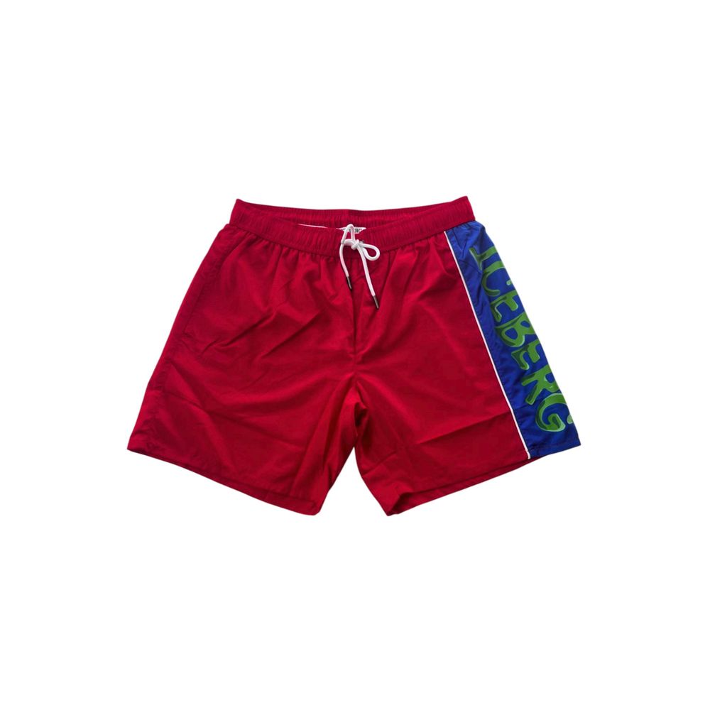 Red swim shorts with white trim and a blue stripe on the side