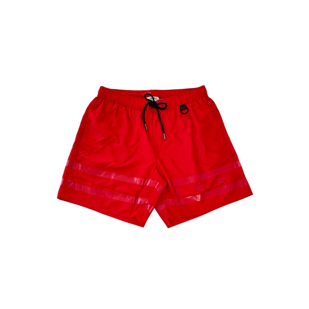 Red swim shorts with white stripe on side