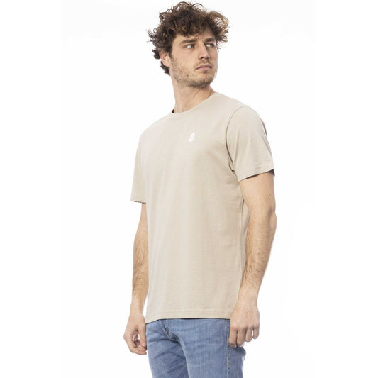 A beige cotton men's t-shirt with short sleeves and a crew neckline
