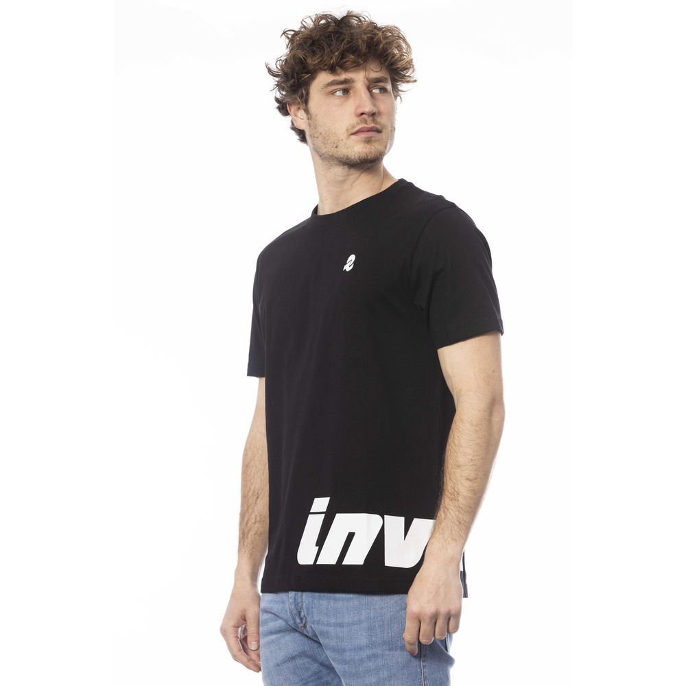Man wearing black t-shirt with white logo on front
