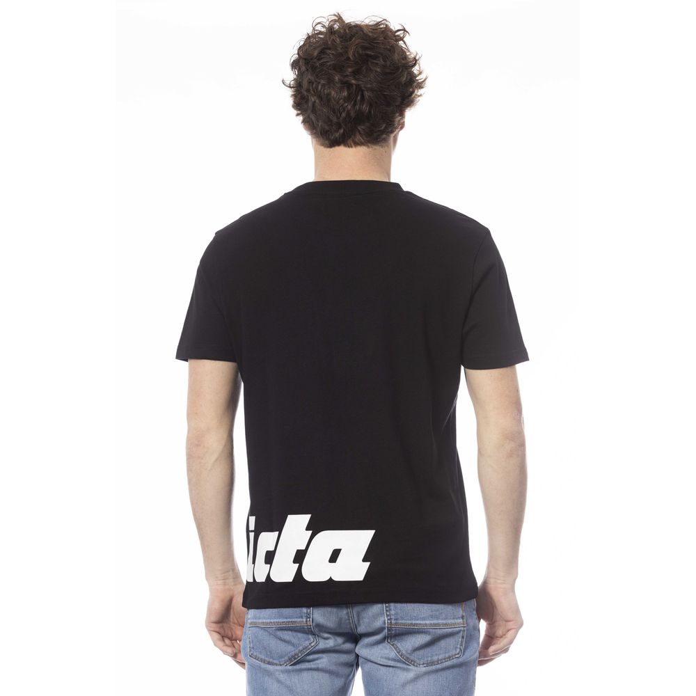 Black t-shirt with white lettering on back