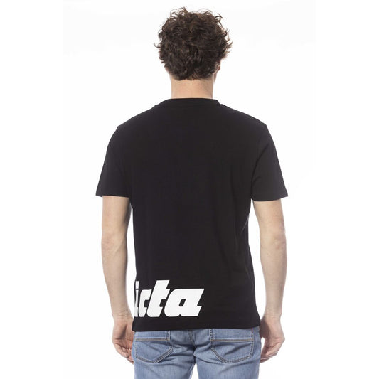 Black t-shirt with white lettering on back