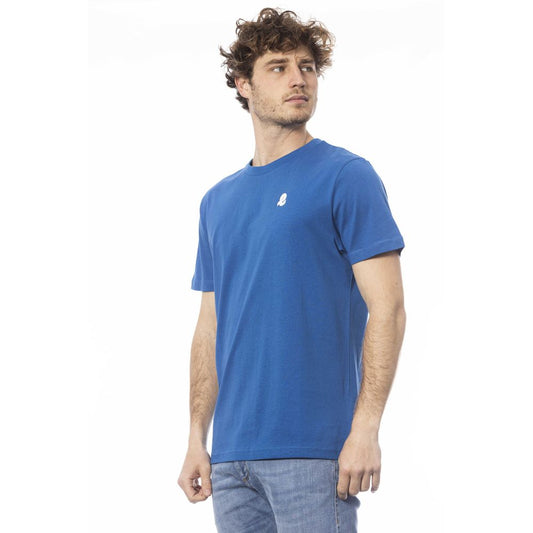 A blue cotton men's t-shirt with a logo on the front