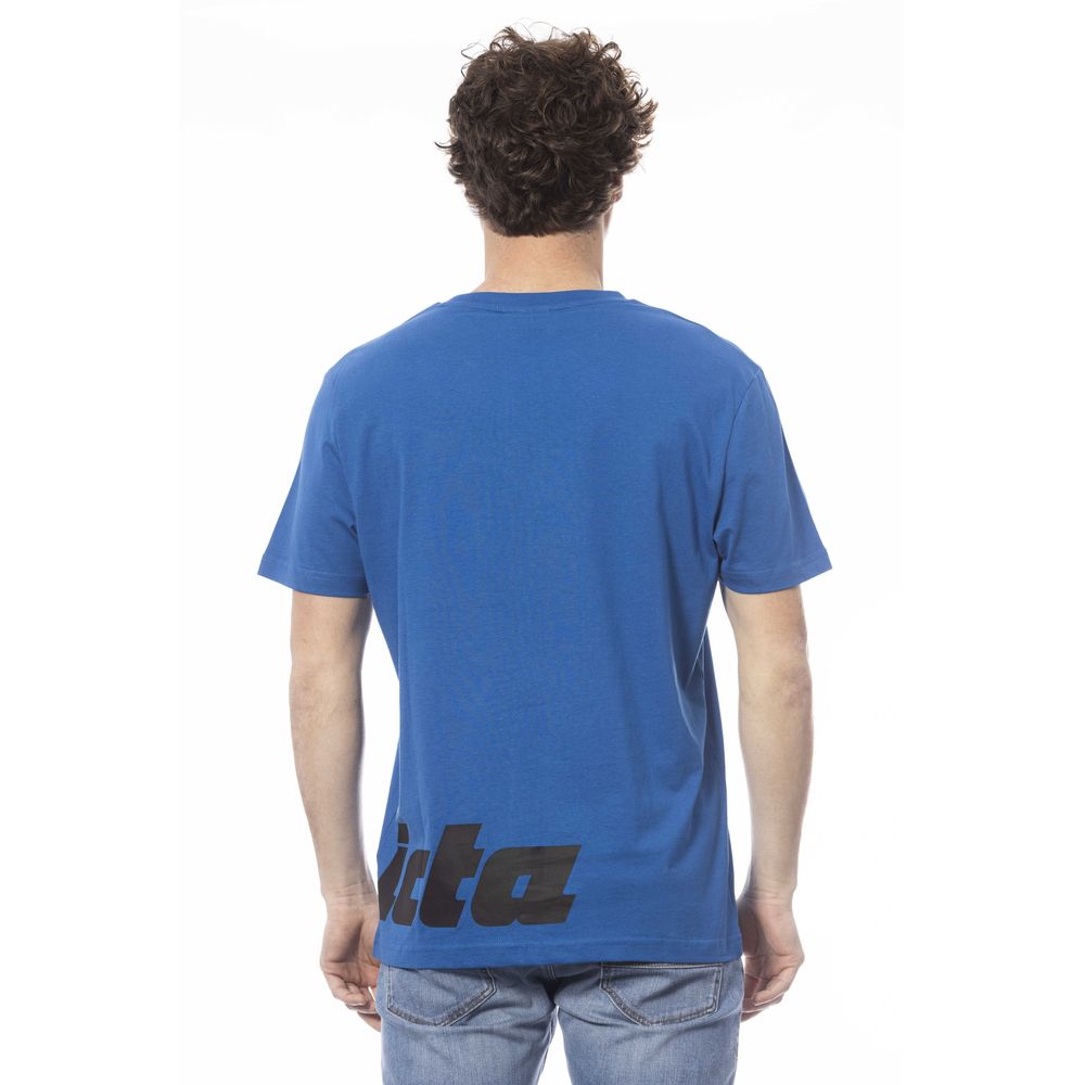Blue t-shirt with white lettering on back