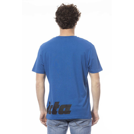 Blue t-shirt with white lettering on back