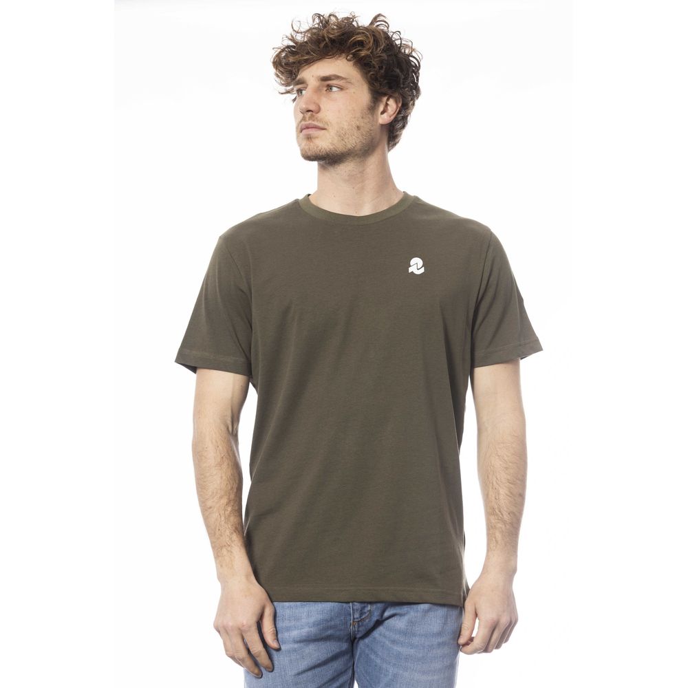 Man wearing green t-shirt with white logo on front