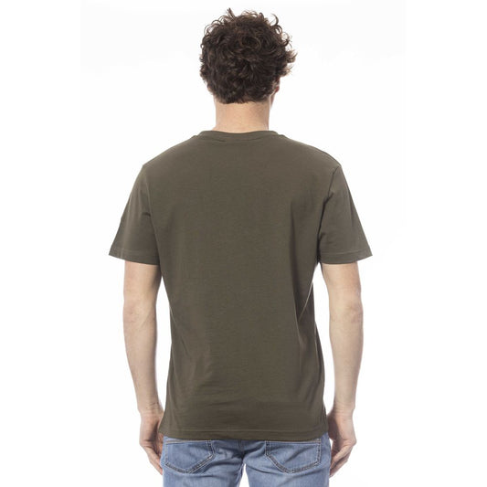 Man wearing olive green t-shirt