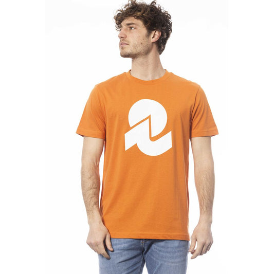 Man wearing orange t-shirt with white logo