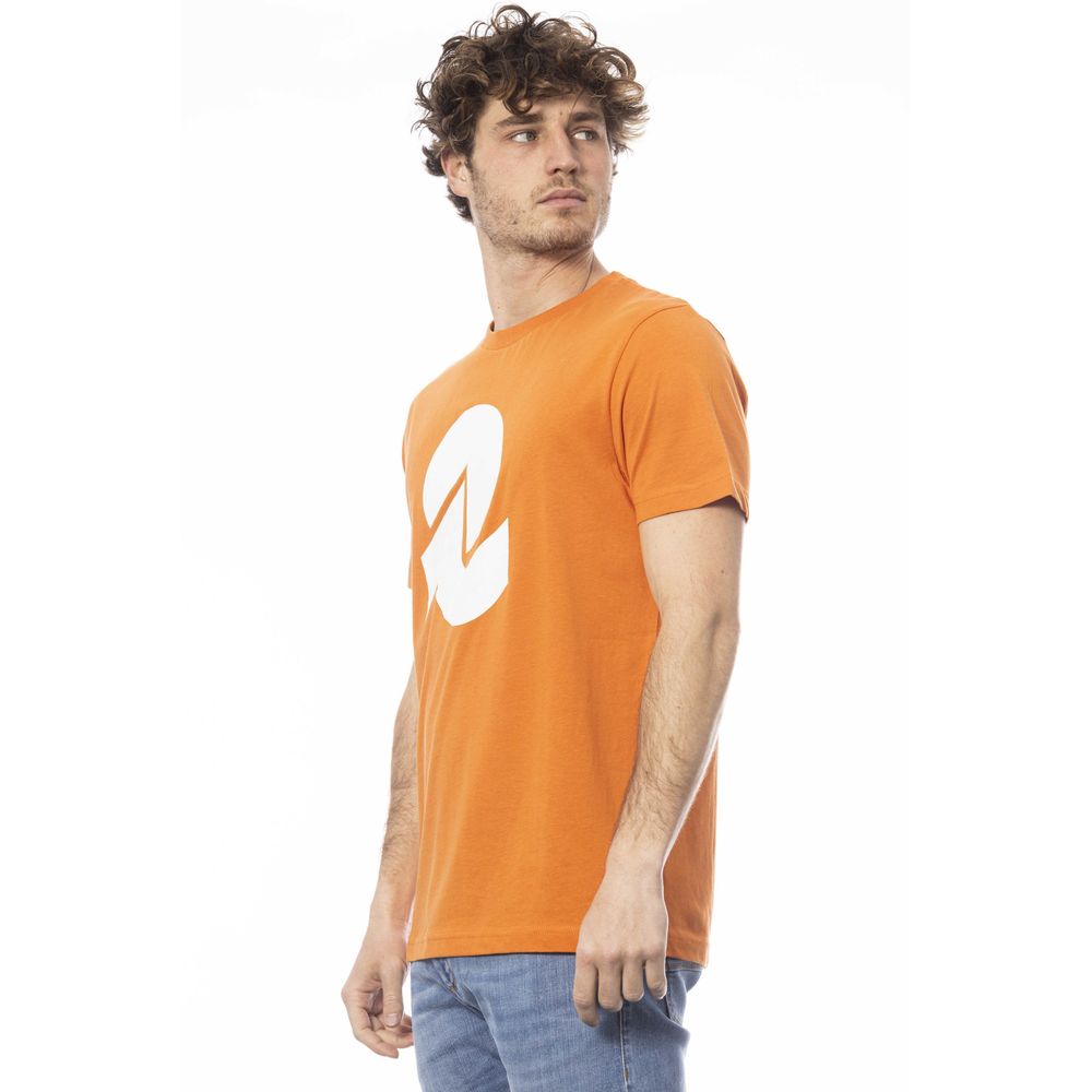 Man wearing orange t-shirt with white logo