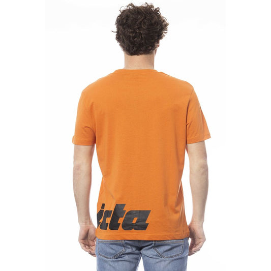 Orange t-shirt with black lettering on back