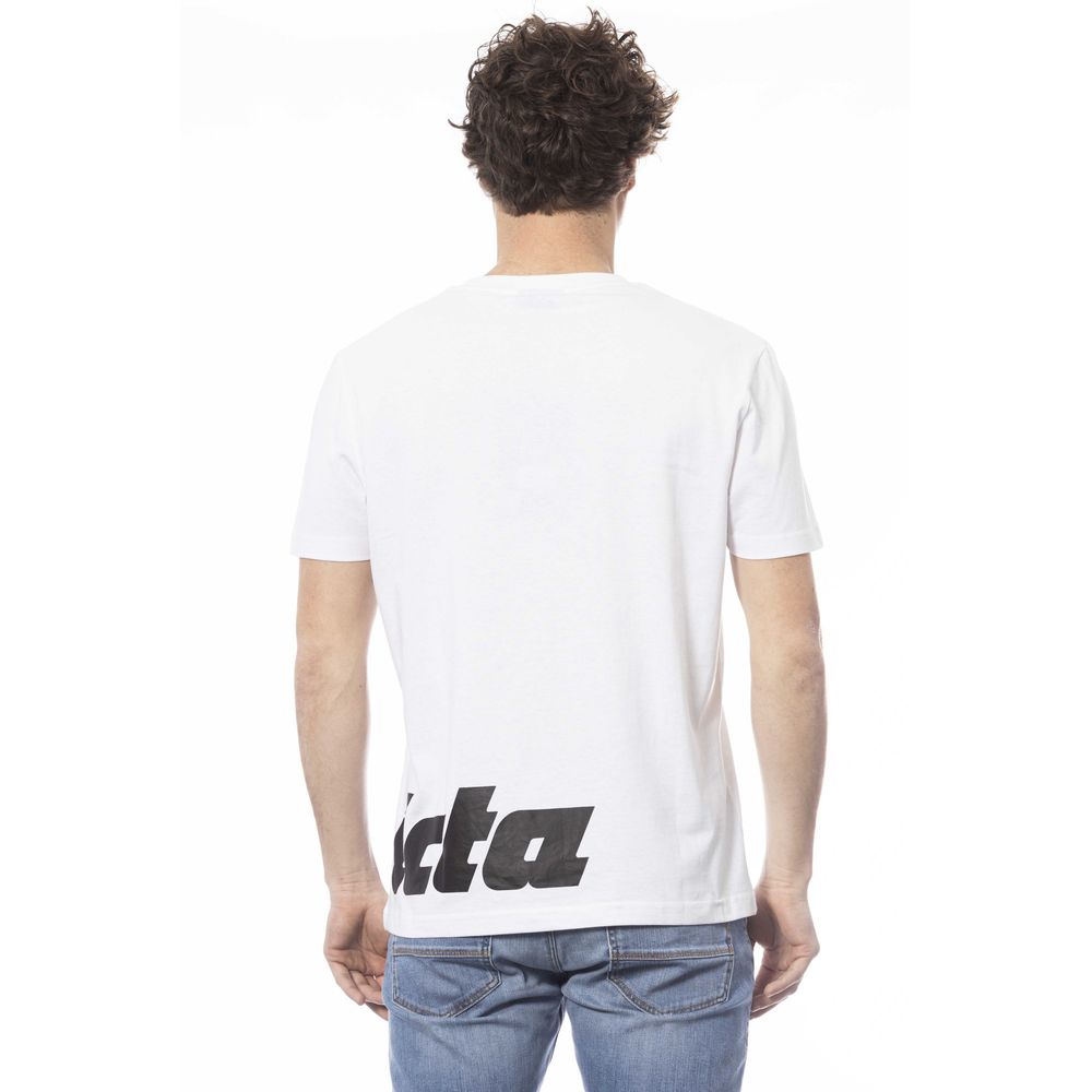 White t-shirt with black lettering on back