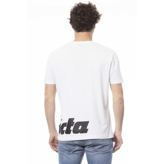 White t-shirt with black lettering on back