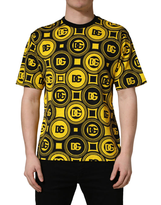Yellow and black graphic t-shirt with circular designs