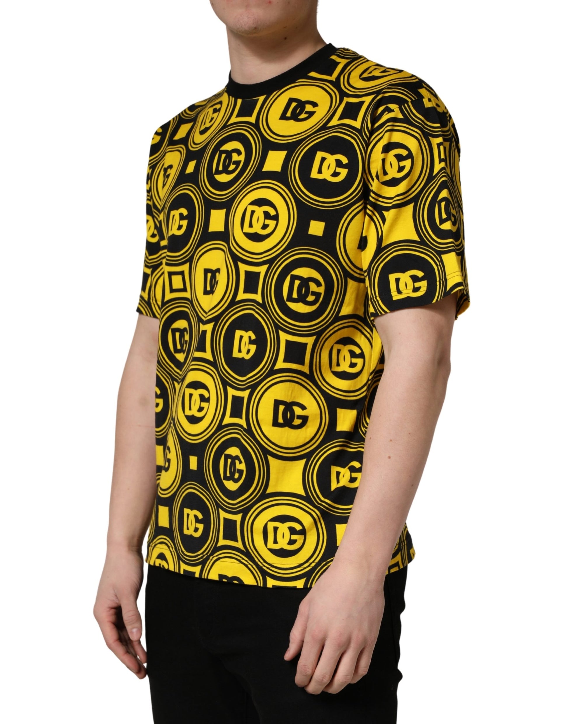 Man wearing yellow shirt with black letters