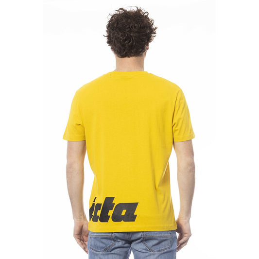 Yellow t-shirt with black lettering on back