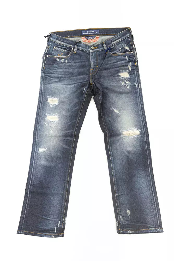 Pair of blue denim jeans with distressed areas