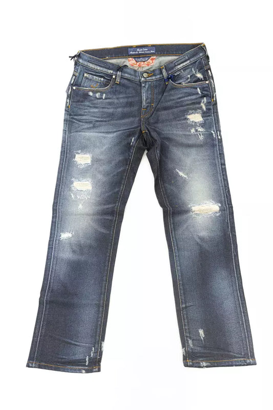 Pair of blue denim jeans with distressed areas