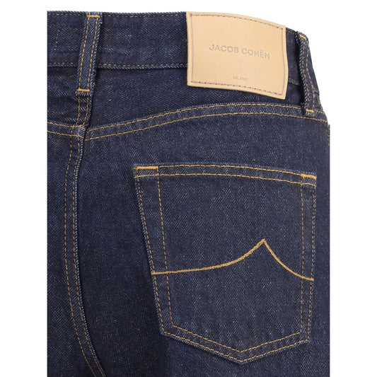 Blue denim jeans with yellow stitching on front pocket