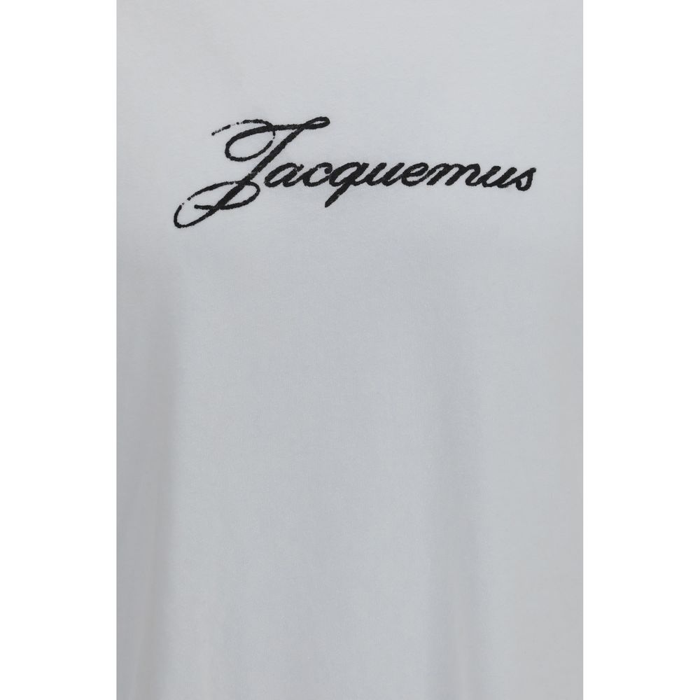 A white cotton t-shirt with embroidered text