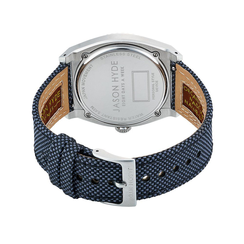 A blue polycarbonate watch with a brown leather strap, featuring a silver face and white markings
