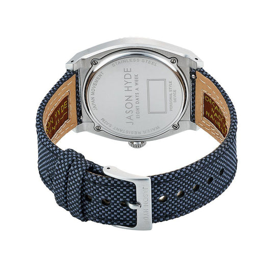 A blue polycarbonate watch with a brown leather strap, featuring a silver face and white markings