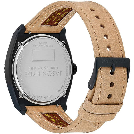 A brown leather watch with a white face and black hands