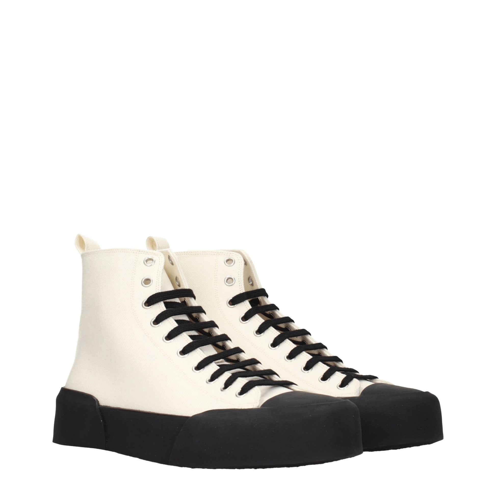 Pair of high top sneakers with beige fabric upper, black laces and soles