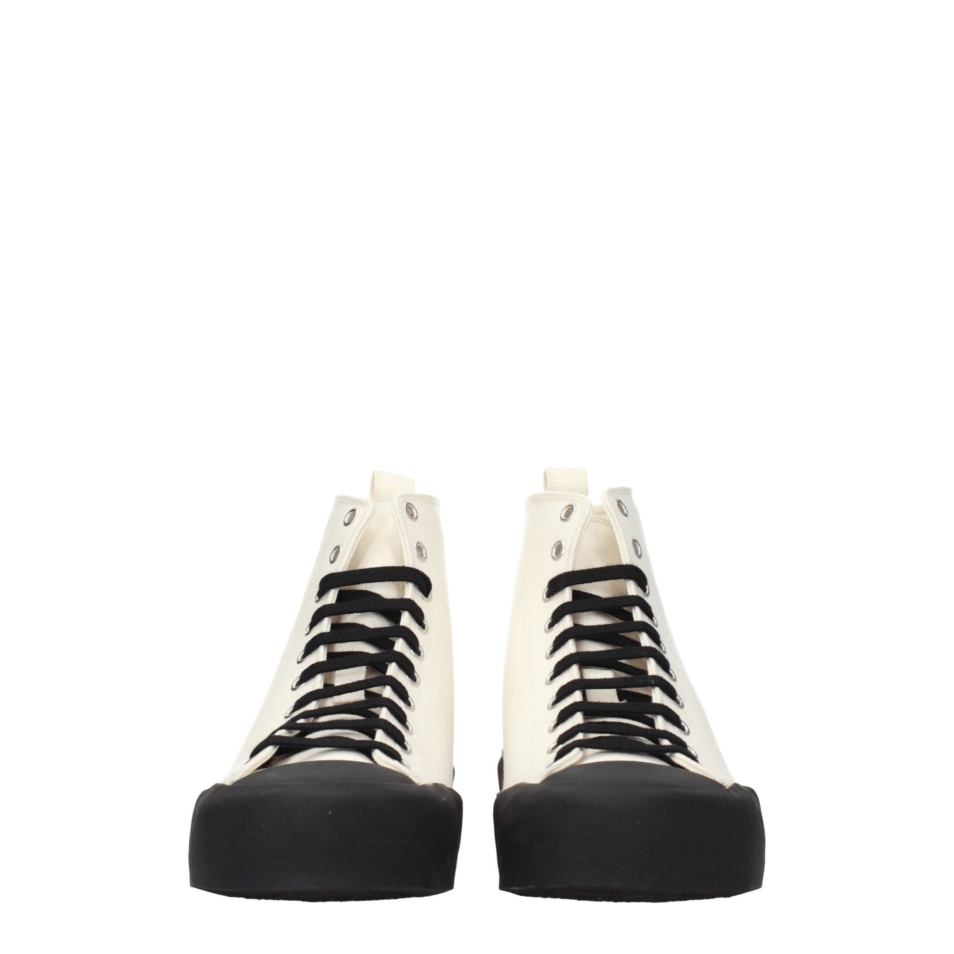 Pair of high top sneakers with beige fabric, black laces and soles