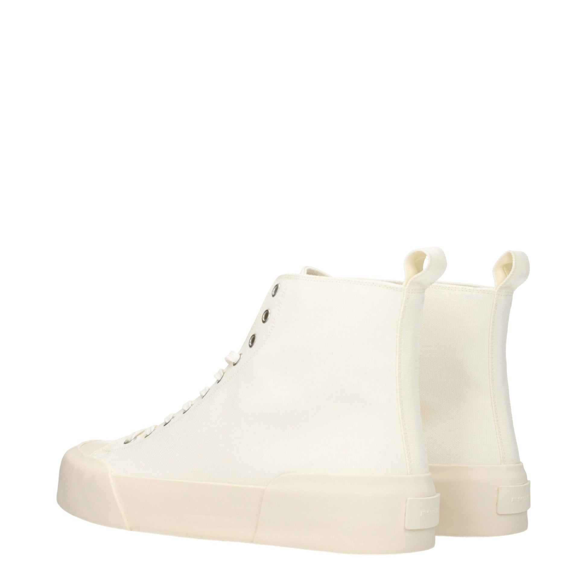 Pair of beige high top sneakers with laces, fabric material and elastic panels on sides